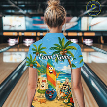 Load image into Gallery viewer, People wearing sky blue bowling polo with a tropical beach scene, smiling bowling ball and pins, colorful surfboard, palm trees, and personalized name 