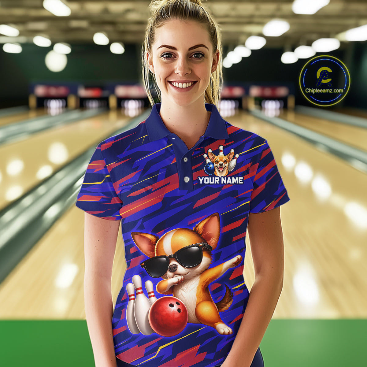 Custom Chihuahua Dog Bowling Jersey for Women Bowling Uniform Polo & 1/4 Zip Bowling Team Shirts HNT262