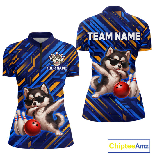 Custom Husky Dog Bowling Jersey for Women Bowling Uniform Polo & 1/4 Zip Bowling Team Shirts HNT263