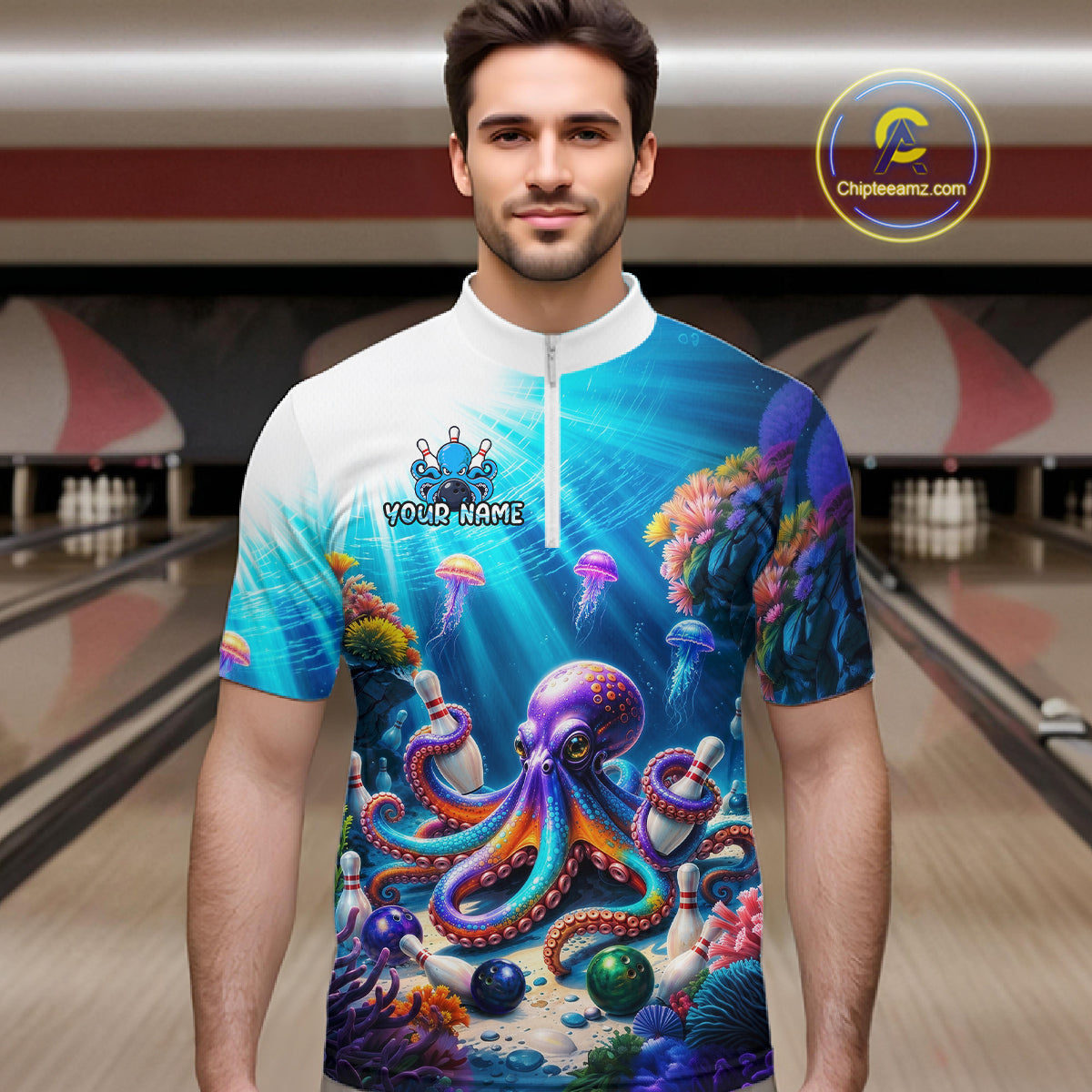 Man wearing a colorful shirt with an octopus design in a bowling alley.