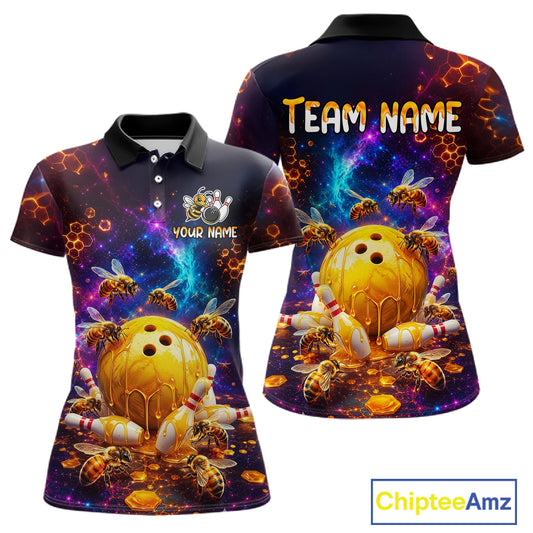 Front and back views of a dark bowling polo with cosmic honeycomb graphics, bees, honey-dripping bowling balls, pins, and custom team text.