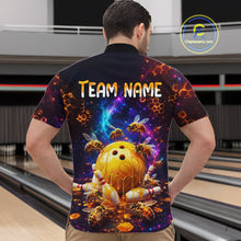 Load image into Gallery viewer, Man bowling posing in matching dark cosmic shirts with honeycomb patterns, bees, dripping golden bowling balls, and custom team name text.