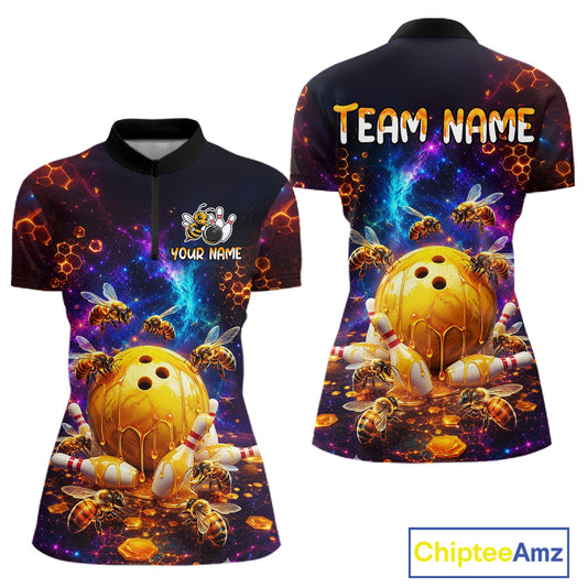 Front and back views of a dark bowling quarter zip with cosmic honeycomb graphics, bees, honey-dripping bowling balls, pins, and custom team text.