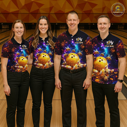 Four-person bowling team posing in matching dark cosmic shirts with honeycomb patterns, bees, dripping golden bowling balls, and custom name text.