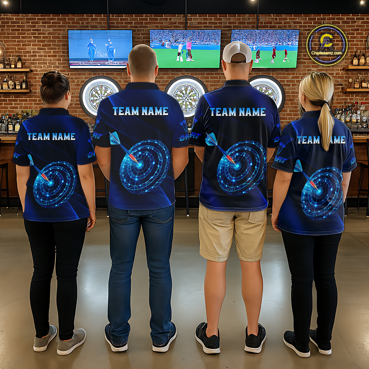 Custom Neon Blue Cyber Dartboard Darts Shirt for Men Darts Team Jerseys Polo & 1/4 Zip NNT132