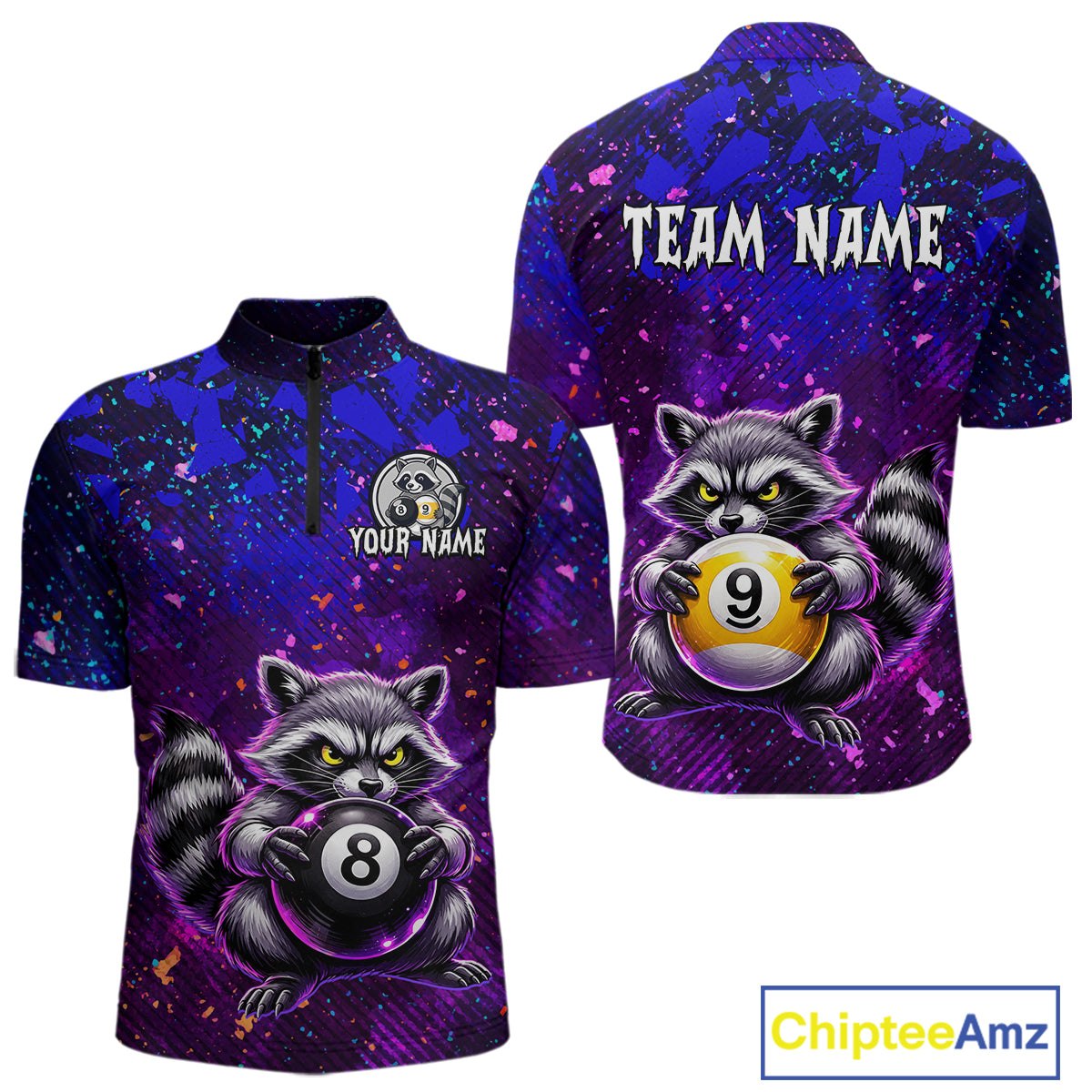 Front and back views of a purple and blue billiards quarter zip shirt featuring a raccoon holding 8-ball and 9-ball graphics with custom team name text.