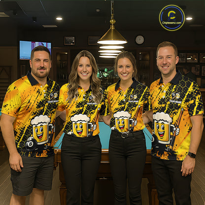 Four teammates in a billiards hall wearing matching yellow funny beer-themed pool polos, sleeve name text, and large 8-ball graphics.