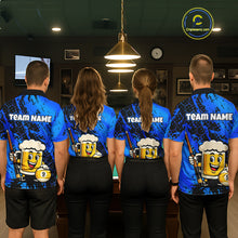 Load image into Gallery viewer, Four teammates in a billiards hall wearing matching blue funny beer-themed pool polos, sleeve name text, and large 9-ball graphics.