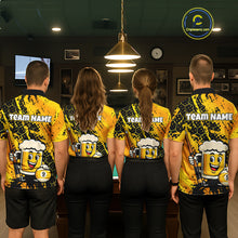 Load image into Gallery viewer, Four teammates in a billiards hall wearing matching yellow funny beer-themed pool polos, sleeve name text, and large 9-ball graphics.
