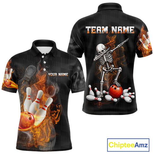 Black short-sleeve polo shirt shown from front and back with bowling-themed flame graphics, a skeleton holding a bowling pin, red bowling ball, and customizable text placeholders.
