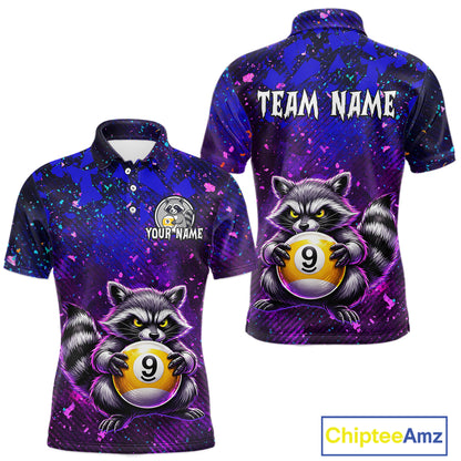 Polo shirt with raccoon holding a pool ball design on a purple and blue gradient background, featuring 'Chiptee Amz' branding.