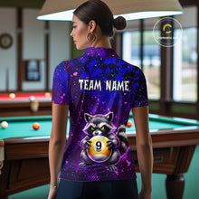 Load image into Gallery viewer, Person wearing a purple shirt with a raccoon design and 'Team Name' text in a pool hall.