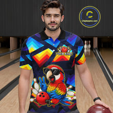 Load image into Gallery viewer, A man wearing a colorful bowling-themed short-sleeve polo shirt with a parrot graphic and 'YOUR NAME' text, standing in a bowling alley holding a bowling ball. A circular 'Chipleamz.
