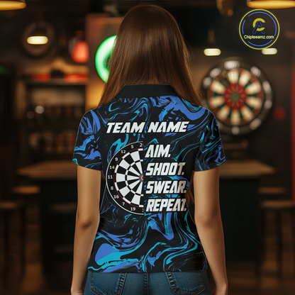 Turquoise-Blue Pattern Aim Shoot Swear Repeat Darts Team Jerseys Dart Shirts For Women NNT168