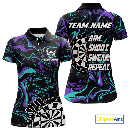 Turquoise-Purple Pattern Aim Shoot Swear Repeat Darts Team Jerseys Dart Shirts For Women NNT168