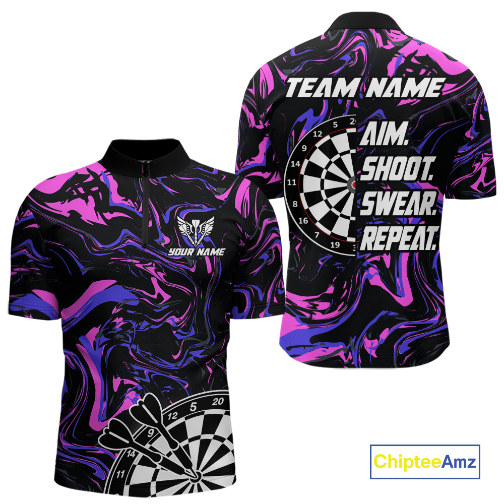 Pink-Purple Pattern Aim Shoot Swear Repeat Darts Team Jerseys Dart Shirts For Men NNT168