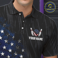 Load image into Gallery viewer, Black polo shirt with American flag design and customizable text on a dark background