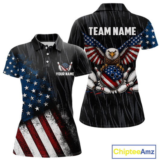 Front and back views of a black patriotic bowling quarter zip shirt featuring distressed American flag graphics, custom team and player name text, and a bald eagle with spread wings above a flag-themed bowling ball and pins.