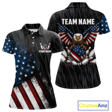 Load image into Gallery viewer, Front and back views of a black patriotic bowling quarter zip shirt featuring distressed American flag graphics, custom team and player name text, and a bald eagle with spread wings above a flag-themed bowling ball and pins.