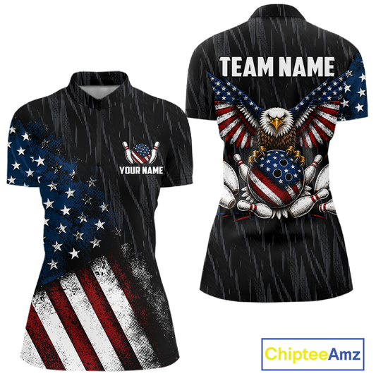Front and back views of a black patriotic bowling polo shirt featuring distressed American flag graphics, custom team and player name text, and a bald eagle with spread wings above a flag-themed bowling ball and pins.
