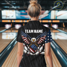 Load image into Gallery viewer, Woman wearing a black patriotic bowling polo shirt featuring distressed American flag graphics, custom team and player name text, and a bald eagle with spread wings above a flag-themed bowling ball and pins.