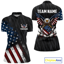 Load image into Gallery viewer, Front and back views of a black patriotic bowling polo shirt featuring distressed American flag graphics, custom team and player name text, and a bald eagle with spread wings above a flag-themed bowling ball and pins.