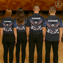 Load image into Gallery viewer, Four people wearing black patriotic bowling polo shirt featuring distressed American flag graphics, custom team name text, and a bald eagle with spread wings above a flag-themed bowling ball and pins.