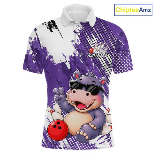 Front views of a white and purple bowling polo with paint-splatter patterns, featuring a smiling hippo in sunglasses, bowling pins, and a red bowling ball.