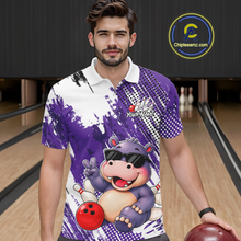 Load image into Gallery viewer, Man wearing a bowling polo shirt featuring smiling hippo mascot in sunglasses, bowling pins, and a red bowling ball