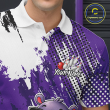 Load image into Gallery viewer, Man wearing a bowling polo shirt featuring smiling hippo mascot in sunglasses, bowling pins, and a red bowling ball