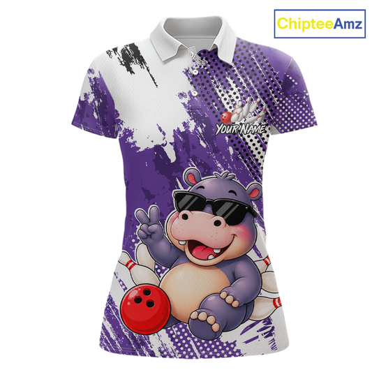 Custom Funny Hippo Bowling Team Shirts Bowling Shirt for Women Bowling League Polo &1/4 Zip HNT348