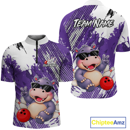Front and back views of a white and purple bowling quarter zip with paint-splatter patterns, featuring a smiling hippo in sunglasses, bowling pins, and a red bowling ball.