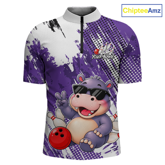 Front views of a white and purple bowling quarter zip with paint-splatter patterns, featuring a smiling hippo in sunglasses, bowling pins, and a red bowling ball.