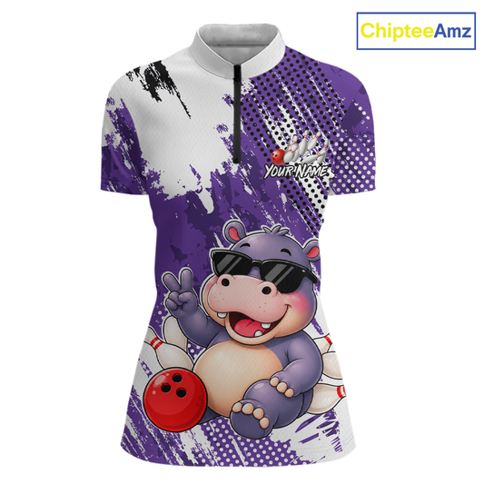 Custom Funny Hippo Bowling Team Shirts Bowling Shirt for Women Bowling League Polo &1/4 Zip HNT348