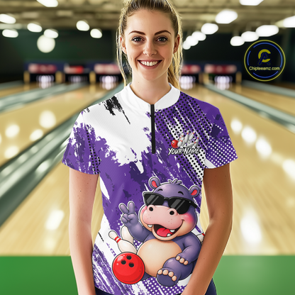 Custom Funny Hippo Bowling Team Shirts Bowling Shirt for Women Bowling League Polo &1/4 Zip HNT348