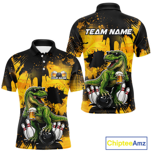 Front and back views of a black bowling polo featuring a green T-Rex wearing sunglasses, holding a beer mug, standing with bowling pins and a bowling ball, plus personalized name and team name text.
