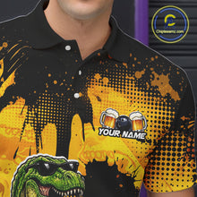 Load image into Gallery viewer, Man wearing a black bowling polo featuring bowling pins and a bowling ball, plus personalized name and team name text.