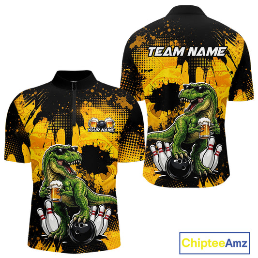 Front and back views of a black bowling quarter zip featuring a green T-Rex wearing sunglasses, holding a beer mug, standing with bowling pins and a bowling ball, plus personalized name and team name text.