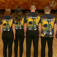 Load image into Gallery viewer, Four people wearing a black bowling polo featuring a green T-Rex wearing sunglasses, holding a beer mug, standing with bowling pins and a bowling ball, plus personalized name and team name text.