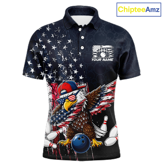 Front views of a dark patriotic bowling polo with distressed stars-and-stripes graphics, a eagle , bowling pins, and custom team text.