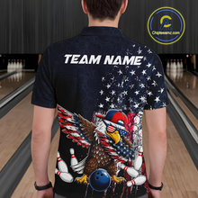 Load image into Gallery viewer, Man wearing a dark patriotic bowling polo with distressed stars-and-stripes graphics, a eagle , bowling pins, and custom team name text.