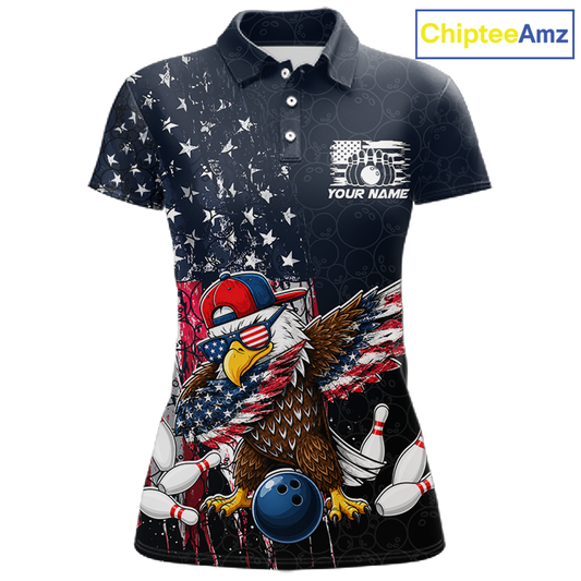 Front views of a dark patriotic bowling polo with distressed stars-and-stripes graphics, a eagle , bowling pins, and custom team text.