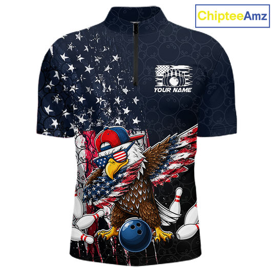 Front views of a dark patriotic bowling quarter zip with distressed stars-and-stripes graphics, a eagle , bowling pins, and custom team text.