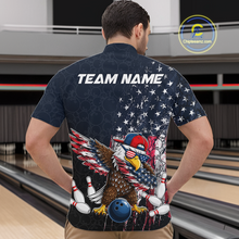 Load image into Gallery viewer, Man wearing a dark patriotic bowling quarter zip with distressed stars-and-stripes graphics, a eagle , bowling pins, and custom team name text.