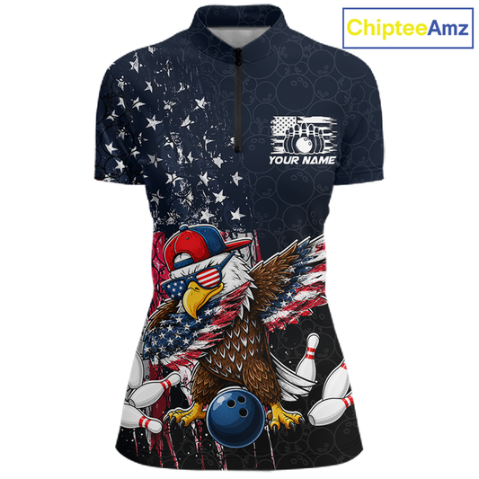 Front views of a dark patriotic bowling quarter zip with distressed stars-and-stripes graphics, a eagle , bowling pins, and custom team text.