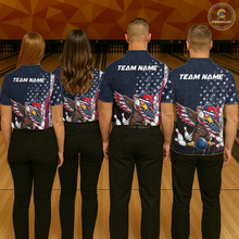 Load image into Gallery viewer, Four people wearing dark patriotic bowling quarter zip with distressed stars-and-stripes graphics, a eagle , bowling pins, and custom team name text.