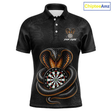 Load image into Gallery viewer, Front darts polo shirt featuring a cobra wrapped around a dartboard with detailed cobra snake on a black background.