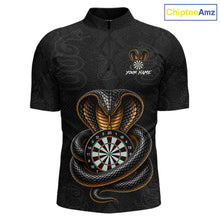 Load image into Gallery viewer, Front darts quarter zip shirt featuring a cobra wrapped around a dartboard with detailed cobra snake on a black background.