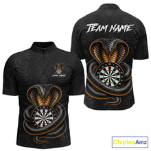 Load image into Gallery viewer, Front and back darts quarter zip shirt featuring a cobra wrapped around a dartboard with detailed cobra snake on a black background.
