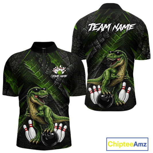 Front and back bowling quarter zip shirt featuring a dinosaur standing among bowling pins and ball artwork on black green textured background.